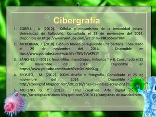 1. CORELL , A. (2012). Células y mecanismos de la inmunidad innata.
Universidad de Valladolid. Consultado el 25 de noviembre del 2014.
Disponible en https://www.youtube.com/watch?v=PBEo55noYDM
2. MCKERNAN, J. (2010). Glóbulo blanco persiguiendo una bacteria. Consultado
el 25 de noviembre del 2014. Disponible en
ttps://www.youtube.com/watch?v=T5W6VpKPt1Y
3. SÁNCHEZ, J. (2012). Neutrófilos, macrófagos, linfocitos T y B. Consultado el 25
de noviembre del 2014. Disponible en
https://www.youtube.com/watch?v=rQv1VbiSQjg
4. SPOSITO, M. (2012). 200M diseño y fotografía. Consultado el 25 de
noviembre del 2014. Disponible en
http://zoomgraf.blogspot.com/2012/10/angeles-vintage-scrap-png.html
5. MORENO, G. Y. (2013). Taller creativas. Arte digital cristiano.
http://artedigitalcristiano.blogspot.com/2013/11/campanas-de-navidad.html
 