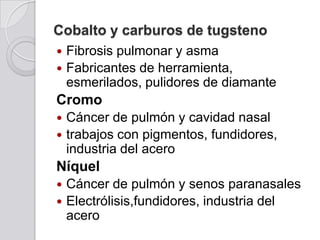 Cobalto y carburos de tugsteno



Fibrosis pulmonar y asma
Fabricantes de herramienta,
esmerilados, pulidores de diamante

Cromo
Cáncer de pulmón y cavidad nasal
 trabajos con pigmentos, fundidores,
industria del acero


Níquel



Cáncer de pulmón y senos paranasales
Electrólisis,fundidores, industria del
acero

 