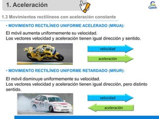 velocidad
aceleración
1. Aceleración
• MOVIMIENTO RECTILÍNEO UNIFORME ACELERADO (MRUA):
El móvil aumenta uniformemente su velocidad.
Los vectores velocidad y aceleración tienen igual dirección y sentido.
1.3 Movimientos rectilíneos con aceleración constante
velocidad
aceleración
• MOVIMIENTO RECTILÍNEO UNIFORME RETARDADO (MRUR):
El móvil disminuye uniformemente su velocidad.
Los vectores velocidad y aceleración tienen igual dirección, pero distinto
sentido.
 