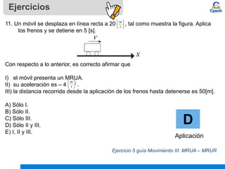 Ejercicios
D
Aplicación
11. Un móvil se desplaza en línea recta a 20 , tal como muestra la figura. Aplica
los frenos y se detiene en 5 [s].
Con respecto a lo anterior, es correcto afirmar que
I) el móvil presenta un MRUA.
II) su aceleración es – 4 .
III) la distancia recorrida desde la aplicación de los frenos hasta detenerse es 50[m].
A) Sólo I.
B) Sólo II.
C) Sólo III.
D) Sólo II y III.
E) I, II y III.
Ejercicio 5 guía Movimiento III: MRUA – MRUR






s
m
i
s
m ˆ






 