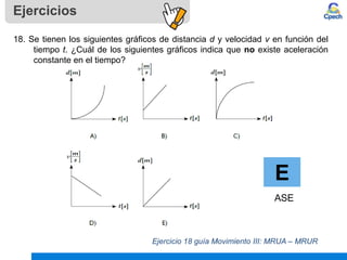 18. Se tienen los siguientes gráficos de distancia d y velocidad v en función del
tiempo t. ¿Cuál de los siguientes gráficos indica que no existe aceleración
constante en el tiempo?
Ejercicio 18 guía Movimiento III: MRUA – MRUR
Ejercicios
E
ASE
 