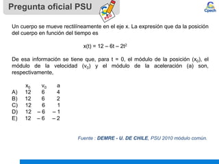 Pregunta oficial PSU
Un cuerpo se mueve rectilíneamente en el eje x. La expresión que da la posición
del cuerpo en función del tiempo es
x(t) = 12 – 6t – 2t2
De esa información se tiene que, para t = 0, el módulo de la posición (x0), el
módulo de la velocidad (v0) y el módulo de la aceleración (a) son,
respectivamente,
x0 v0 a
A) 12 6 4
B) 12 6 2
C) 12 6 1
D) 12 – 6 – 1
E) 12 – 6 – 2
Fuente : DEMRE - U. DE CHILE, PSU 2010 módulo común.
 