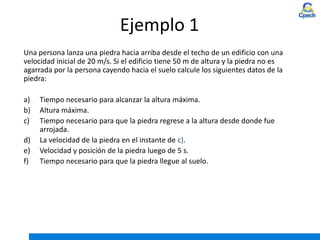 Ejemplo 1
Una persona lanza una piedra hacia arriba desde el techo de un edificio con una
velocidad inicial de 20 m/s. Si el edificio tiene 50 m de altura y la piedra no es
agarrada por la persona cayendo hacia el suelo calcule los siguientes datos de la
piedra:
a) Tiempo necesario para alcanzar la altura máxima.
b) Altura máxima.
c) Tiempo necesario para que la piedra regrese a la altura desde donde fue
arrojada.
d) La velocidad de la piedra en el instante de c).
e) Velocidad y posición de la piedra luego de 5 s.
f) Tiempo necesario para que la piedra llegue al suelo.
 