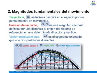 2. Magnitudes fundamentales del movimiento
ESTUDIO DEL MOVIMIENTO
4º ESO | UNIDAD 01 | FÍSICA Y QUÍMICA
Trayectoria, , es la línea descrita en el espacio por un
punto material en movimiento.
Posición de un punto, , es una magnitud vectorial
definida por una distancia al origen del sistema de
referencia, en una determinada dirección y sentido.
Vector desplazamiento, , es el segmento orientado
que une dos posiciones diferentes.
 