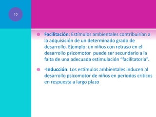 10



Facilitación: Estímulos ambientales contribuirían a
la adquisición de un determinado grado de
desarrollo. Ejemplo: un niños con retraso en el
desarrollo psicomotor puede ser secundario a la
falta de una adecuada estimulación “facilitatoria”.



◦Inducción: Los estímulos ambientales inducen al
desarrollo psicomotor de niños en periodos críticos
en respuesta a largo plazo.

 