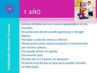 Habilidades Motoras Gruesas

24

1 AÑO
Camina tomado de una mano o apoyándose en los
muebles.
•Cuando esta de pie puede agacharse a recoger
objeto.
•Se baja y sube de camas y sillones.
•Disociación total cintura escapular y movimientos
por encima cabeza .
•Se puede sentar sin ayuda.
•Se levanta solo.
•Puede dar 2 ó 3 pasos sin apoyarse
•Cuando esta de pie se baja para quedar sentado
sin dificultad.

 