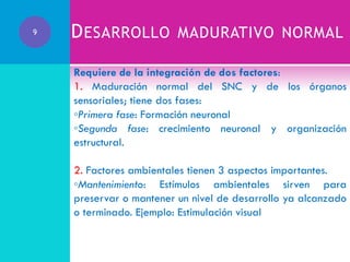 9

D ESARROLLO MADURATIVO NORMAL
Requiere de la integración de dos factores:
1. Maduración normal del SNC y de los órganos
sensoriales; tiene dos fases:
◦Primera fase: Formación neuronal
◦Segunda fase: crecimiento neuronal y organización
estructural.
2. Factores ambientales tienen 3 aspectos importantes.
◦Mantenimiento: Estímulos ambientales sirven para
preservar o mantener un nivel de desarrollo ya alcanzado
o terminado. Ejemplo: Estimulación visual

 