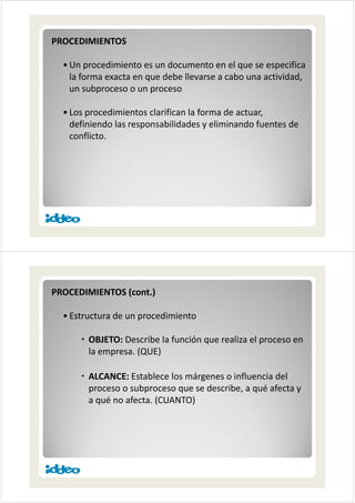 PROCEDIMIENTOSPROCEDIMIENTOS
• Un procedimiento es un documento en el que se especifica
la forma exacta en que debe llevarse a cabo una actividad,
un subproceso o un proceso
• Los procedimientos clarifican la forma de actuar,
definiendo las responsabilidades y eliminando fuentes dedefiniendo las responsabilidades y eliminando fuentes de
conflicto.
PROCEDIMIENTOS (cont )PROCEDIMIENTOS (cont.)
• Estructura de un procedimiento
x OBJETO: Describe la función que realiza el proceso en
l (QUE)la empresa. (QUE)
x ALCANCE: Establece los márgenes o influencia delALCANCE: Establece los márgenes o influencia del
proceso o subproceso que se describe, a qué afecta y
a qué no afecta. (CUANTO)q ( )
 