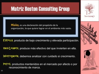 Matriz Boston Consulting Group

           Misión, es una declaración del propósito de la
           organización, lo que quiere lograr en el ambiente más vasto.



     Estrella, producto de bajo crecimiento y elevada participación.

     Vaca Lechera, produce más efectivo del que invierten en ella.

     Interrogación, debemos analizar con cuidado si crecimiento.

     Perros, productos mantenidos en el mercado por afecto o por
          reconocimiento de marca.
10
 