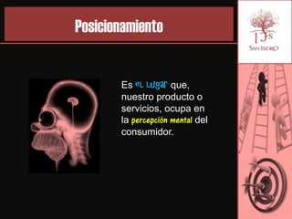 Posicionamiento


       Es el lugar que,
       nuestro producto o
       servicios, ocupa en
       la percepción mental del
       consumidor.
 