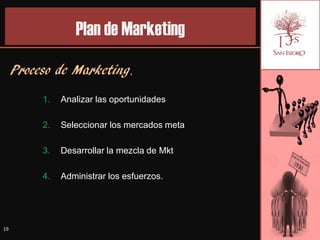 Plan de Marketing
     Proceso de Marketing,
          1.   Analizar las oportunidades

          2.   Seleccionar los mercados meta

          3.   Desarrollar la mezcla de Mkt

          4.   Administrar los esfuerzos.




19
 