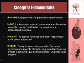 Conceptos Fundamentales
    •   Necesidades, Estados de una privación experimentada.

    •   Deseos, La forma que adoptan las necesidades humanas
        a medida que son moldeadas por la cultura y la
        personalidad individual.

    •   Demandas, los deseos humanos que están respaldadas
        por el poder adquisitivo.

    •   Producto, Cualquier cosa que se pueda ofrecer a un
        mercado para atraer la atención, para su adquisición, su
        empleo o consumo, que podría satisfacer una necesidad
        o deseo.

5
 