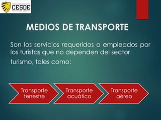 MEDIOS DE TRANSPORTE
Son los servicios requeridos o empleados por
los turistas que no dependen del sector
turismo, tales como:
Transporte
terrestre
Transporte
acuático
Transporte
aéreo
 