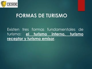 FORMAS DE TURISMO
Existen tres formas fundamentales de
turismo: el turismo interno, turismo
receptor y turismo emisor.
 