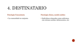 Psicología Comunitaria
 La comunidad en conjunto
Psicología clínica, modelo médico
 Individuos etiquedos como enfermos,
con retraso escolar, delincuentes, etc.
 