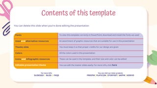 Contents of this template
You can delete this slide when you’re done editing the presentation
For more info:
SLIDESGO | BLOG | FAQS
You can visit our sister projects:
FREEPIK | FLATICON | STORYSET | WEPIK | VIDEVO
Fonts To view this template correctly in PowerPoint, download and install the fonts we used
Used and alternative resources An assortment of graphic resources that are suitable for use in this presentation
Thanks slide You must keep it so that proper credits for our design are given
Colors All the colors used in this presentation
Icons and infographic resources These can be used in the template, and their size and color can be edited
Editable presentation theme You can edit the master slides easily. For more info, click here
 