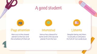 A good student
Pays attention
Mercury is the closest
planet to the Sun and
the smallest of them all
Interested
Venus has a beautiful
name and is the second
planet from the Sun
Listents
Despite being red, Mars
is actually a cold place.
It’s full of iron oxide dust
 