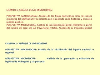 EJEMPLO 1. ANÁLISIS DE LAS MIGRACIONES:

 PERSPECTIVA MACROSOCIAL: Análisis de los flujos migratorios entre los países
 miembros del MERCOSUR y su relación con el contexto socio-histórico y el marco
 jurídico-político.
 PERSPECTIVA MICROSOCIAL: Análisis de las experiencias de los migrantes a partir
 del estudio de casos de sus trayectorias vitales. Análisis de su inserción laboral




EJEMPLO 2.- ANÁLISIS DE LOS INGRESOS

PERSPECTIVA MACROSOCIAL: Estudio de la distribución del ingreso nacional o
regional.

PERSPECTIVA MICROSOCIAL:               Análisis de la generación y utilización de
ingresos de los hogares y las personas
 