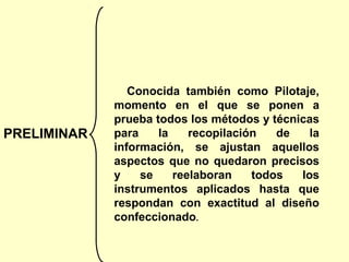 Conocida también como Pilotaje,
             momento en el que se ponen a
             prueba todos los métodos y técnicas
PRELIMINAR   para    la    recopilación   de   la
             información, se ajustan aquellos
             aspectos que no quedaron precisos
             y    se    reelaboran    todos  los
             instrumentos aplicados hasta que
             respondan con exactitud al diseño
             confeccionado.
 