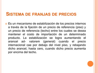 SISTEMA DE FRANJAS DE PRECIOS
 Es un mecanismo de estabilización de los precios internos
a través de la fijación de un precio de referencia (piso) y
un precio de referencia (techo) entre los cuales se desea
mantener el costo de importación de un determinado
producto. La estabilización se logra aumentando el
arancel ad- valorem (general) cuando el precio
internacional cae por debajo del nivel piso, y rebajando
dicho arancel, hasta cero, cuando dicho precio aumenta
por encima del techo.
 