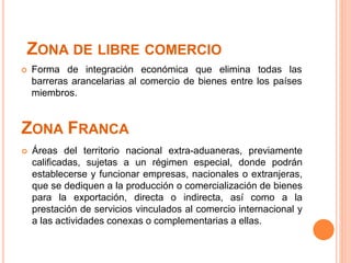 ZONA FRANCA
 Forma de integración económica que elimina todas las
barreras arancelarias al comercio de bienes entre los países
miembros.
ZONA DE LIBRE COMERCIO
 Áreas del territorio nacional extra-aduaneras, previamente
calificadas, sujetas a un régimen especial, donde podrán
establecerse y funcionar empresas, nacionales o extranjeras,
que se dediquen a la producción o comercialización de bienes
para la exportación, directa o indirecta, así como a la
prestación de servicios vinculados al comercio internacional y
a las actividades conexas o complementarias a ellas.
 