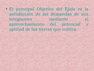 El principal Objetivo del Ejido es la satisfacción de las demandas de sus integrantes mediante el aprovechamiento del potencial y aptitud de las tierras que cultiva. 