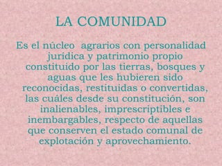 LA COMUNIDAD Es el núcleo  agrarios con personalidad jurídica y patrimonio propio constituido por las tierras, bosques y aguas que les hubieren sido reconocidas, restituidas o convertidas, las cuáles desde su constitución, son inalienables, imprescriptibles e inembargables, respecto de aquellas que conserven el estado comunal de explotación y aprovechamiento. 