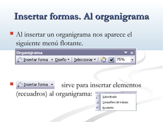 IInnsseerrttaarr ffoorrmmaass.. AAll oorrggaanniiggrraammaa 
 Al insertar un organigrama nos aparece el 
siguiente menú flotante. 
 sirve para insertar elementos 
(recuadros) al organigrama: 
 