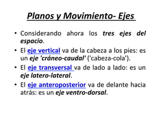 Planos	y	Movimiento-	Ejes	
•  Considerando	 ahora	 los	 tres	 ejes	 del	
espacio.	
•  El	eje	vertical	va	de	la	cabeza	a	los	pies:	es	
un	eje	'cráneo-caudal'	('cabeza-cola').		
•  El	eje	transversal	va	de	lado	a	lado:	es	un	
eje	latero-lateral.		
•  El	eje	anteroposterior	va	de	delante	hacia	
atrás:	es	un	eje	ventro-dorsal.		
 