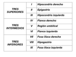 TRES
SUPERIORES
I Hipocondrio derecho
II Epigastrio
III Hipocondrio izquierdo
TRES
INTERMEDIOS
IV Flanco derecho
V Región umbilical
VI Flanco izquierdo
TRES
INFERIORES
VII Fosa ilíaca derecha
VIII Hipogastrio
IX Fosa ilíaca izquierda
 