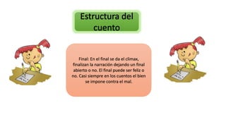 Final: En el final se da el climax, 
finalizan la narración dejando un final 
abierto o no. El final puede ser feliz o 
no. Casi siempre en los cuentos el bien 
se impone contra el mal. 
