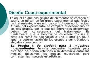 Diseño Cuasi-experimental
Es aquel en que dos grupos de elementos se escogen al
azar y se ubican en un grupo experimental que recibe
un tratamiento, y en uno de control que no lo recibe.
Al final del experimento, se compara el desempeño de
los dos grupos, por lo que las diferencias observadas
deben ser consecuencia del tratamiento. Es
fundamental que la elección de los elementos sea al
azar, así como su asignación a uno u otro grupo, e
igual la determinación de los grupos a ser tratados o
elegidos como control.
La Prueba t de student para 2 muestras
independientes Permite contrastar hipótesis para
este tipo de diseño referidas a la diferencia entre las
medias, utilizamos las medias muestrales para
contrastar las hipótesis estadísticas.
 