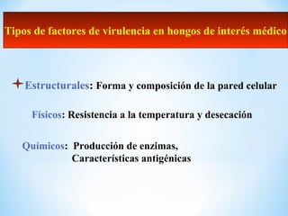 Tipos de factores de virulencia en hongos de interés médico
Estructurales: Forma y composición de la pared celular
Físicos: Resistencia a la temperatura y desecación
Químicos: Producción de enzimas,
Características antigénicas
 