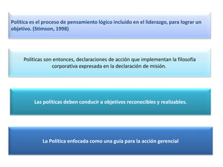 Políticas son entonces, declaraciones de acción que implementan la filosofía
corporativa expresada en la declaración de misión.
Política es el proceso de pensamiento lógico incluido en el liderazgo, para lograr un
objetivo. (Stimson, 1998)
Las políticas deben conducir a objetivos reconocibles y realizables.
La Política enfocada como una guía para la acción gerencial
 