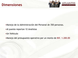 Manejo de la Administración del Personal de 350 personas. Al puesto reportan 12 Analistas Un Vehiculo Manejo del presupuesto operativo por un monto de  BSf. 1.200.00 Dimensiones 