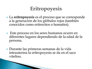  La eritropoyesis es el proceso que se corresponde
a la generación de los glóbulos rojos (también
conocidos como eritrocitos o hematíes).
 Este proceso en los seres humanos ocurre en
diferentes lugares dependiendo de la edad de la
persona.
 Durante las primeras semanas de la vida
intrauterina la eritropoyesis se da en el saco
vitelino.
 