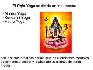 El  Raja Yoga  se divide en tres ramas:  Mantra Yoga  Kundalini Yoga  Hatha Yoga  Son distintas prácticas por las que las alteraciones mentales  se someten a control y lo absoluto se alcanza de varios modos.  