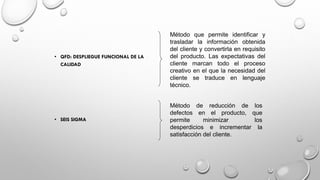 • QFD: DESPLIEGUE FUNCIONAL DE LA
CALIDAD
• SEIS SIGMA
Método de reducción de los
defectos en el producto, que
permite minimizar los
desperdicios e incrementar la
satisfacción del cliente.
Método que permite identificar y
trasladar la información obtenida
del cliente y convertirla en requisito
del producto. Las expectativas del
cliente marcan todo el proceso
creativo en el que la necesidad del
cliente se traduce en lenguaje
técnico.
 