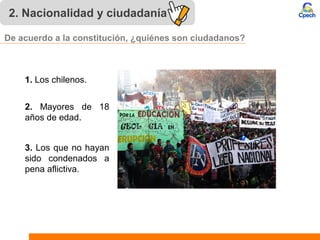 2. Nacionalidad y ciudadanía
3. Los que no hayan
sido condenados a
pena aflictiva.
1. Los chilenos.
2. Mayores de 18
años de edad.
De acuerdo a la constitución, ¿quiénes son ciudadanos?
 