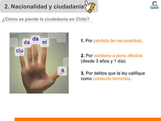 2. Nacionalidad y ciudadanía
1. Por pérdida de nacionalidad.
2.2. Por condena a pena aflictiva
(desde 3 años y 1 día).
3.3. Por delitos que la ley califique
como conducta terrorista.
¿Cómo se pierde la ciudadanía en Chile?
 