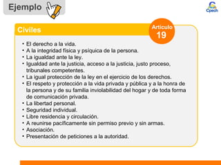 Ejemplo
• El derecho a la vida.
• A la integridad física y psíquica de la persona.
• La igualdad ante la ley.
• Igualdad ante la justicia, acceso a la justicia, justo proceso,
tribunales competentes.
• La igual protección de la ley en el ejercicio de los derechos.
• El respeto y protección a la vida privada y pública y a la honra de
la persona y de su familia inviolabilidad del hogar y de toda forma
de comunicación privada.
• La libertad personal.
• Seguridad individual.
• Libre residencia y circulación.
• A reunirse pacíficamente sin permiso previo y sin armas.
• Asociación.
• Presentación de peticiones a la autoridad.
Civiles Artículo
19
 