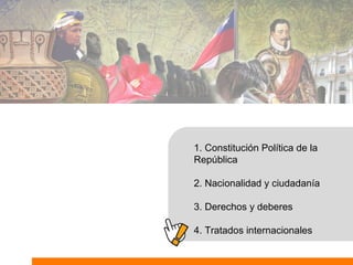 1. Constitución Política de la
República
2. Nacionalidad y ciudadanía
3. Derechos y deberes
4. Tratados internacionales
 