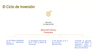 El Ciclo de Inversión
Ejecución
(A cargo de UEI)
La UEI Registra Información
de ET o DE, en Banco de
Inversiones.
El OR Aprueba el ET o
DE, y se inicia
Ejecución Física.
La UEI Elabora Expediente
Técnico o Documento
Equivalente.
Ejecución Física y
Financiera.
Culminada la Ejecución
Física La UEI Realiza la
Liquidación Física y
Financiera y Registra en
Banco de Inversiones.
 