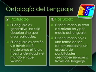 4
2. Postulado
 El lenguaje es
generativo, no solo
describe sino que
crea realidades.
 El lenguaje es acción
y a través de él
modelamos el futuro,
nuestra identidad y el
mundo en que
vivimos.
3. Postulado
 El ser humano se crea
a sí mismo en y por
medio del lenguaje.
 El ser humano no es
una forma de ser
determinada sino un
espacio de
posibilidades
creándose siempre a
través del lenguaje.
 