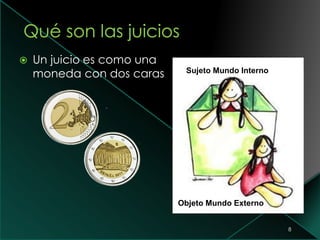 8
 Un juicio es como una
moneda con dos caras
Objeto Mundo Externo
Sujeto Mundo Interno
 