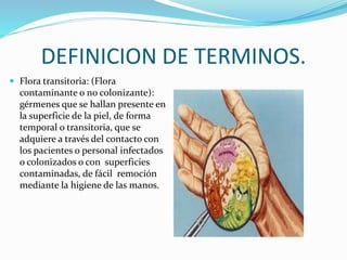 DEFINICION DE TERMINOS.
 Flora transitoria: (Flora
contaminante o no colonizante):
gérmenes que se hallan presente en
la superficie de la piel, de forma
temporal o transitoria, que se
adquiere a través del contacto con
los pacientes o personal infectados
o colonizados o con superficies
contaminadas, de fácil remoción
mediante la higiene de las manos.
 
