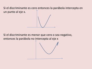 Si el discriminante es cero entonces la parábola intercepta en
un punto al eje x.
Si el discriminante es menor que cero o sea negativo,
entonces la parábola no intercepta al eje x
 