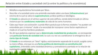 Relación entre Estado y sociedad civil (o entre lo político y lo económico)
• Metáfora arquitectónica formulada por Marx .
• Describe a la sociedad como una pirámide asentada sobre una base (infraestructura) por
encima de la cual se ubica la superestructura jurídico-política e ideológica.
• El Estado se ubicaría en el vértice superior de este edificio, siendo determinado en última
instancia por las condiciones materiales de vida de los seres humanos.
• Cabe aquí hacer una aclaración: cuando Marx postula que la formas estatales “no pueden ser
entendidas por sí mismas” alude a la necesidad de incorporar como factor explicativo el
modo en el cual los hombres producen.
• De ahí que podamos expresar que a determinada modalidad de producción, se corresponde
una particular forma de sociedad civil, la cual a su vez va a condicionar la emergencia de un
cierto tipo de Estado.
• El Estado no es entonces un “área” rígida y estrictamente separada de lo social, surgida como
su mero reflejo, sino que es una forma política de dominación co-constitutiva del
capitalismo, entendido como totalidad dinámica y contradictoria asentada en la relación de
explotación capital-trabajo.
10
 