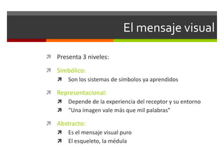 El mensaje visual
 Presenta 3 niveles:
 Simbólico:
 Son los sistemas de símbolos ya aprendidos
 Representacional:
 Depende de la experiencia del receptor y su entorno
 “Una imagen vale más que mil palabras"
 Abstracto:
 Es el mensaje visual puro
 El esqueleto, la médula

 
