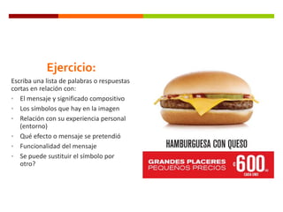 Ejercicio:
Escriba una lista de palabras o respuestas
cortas en relación con:
• El mensaje y significado compositivo
• Los símbolos que hay en la imagen
• Relación con su experiencia personal
(entorno)
• Qué efecto o mensaje se pretendió
• Funcionalidad del mensaje
• Se puede sustituir el símbolo por
otro?

 